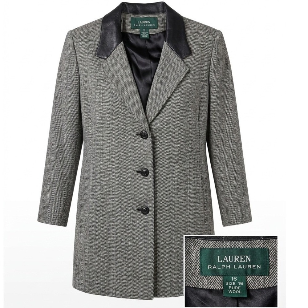 Lauren Ralph Lauren Pure Wool Herringbone Coat Lambskin Leather Trim 16 NWT $769